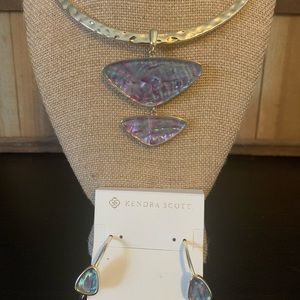 Kendra Scott Margot Zorte Collar Necklace matching earrings Gold Lilac Abalone